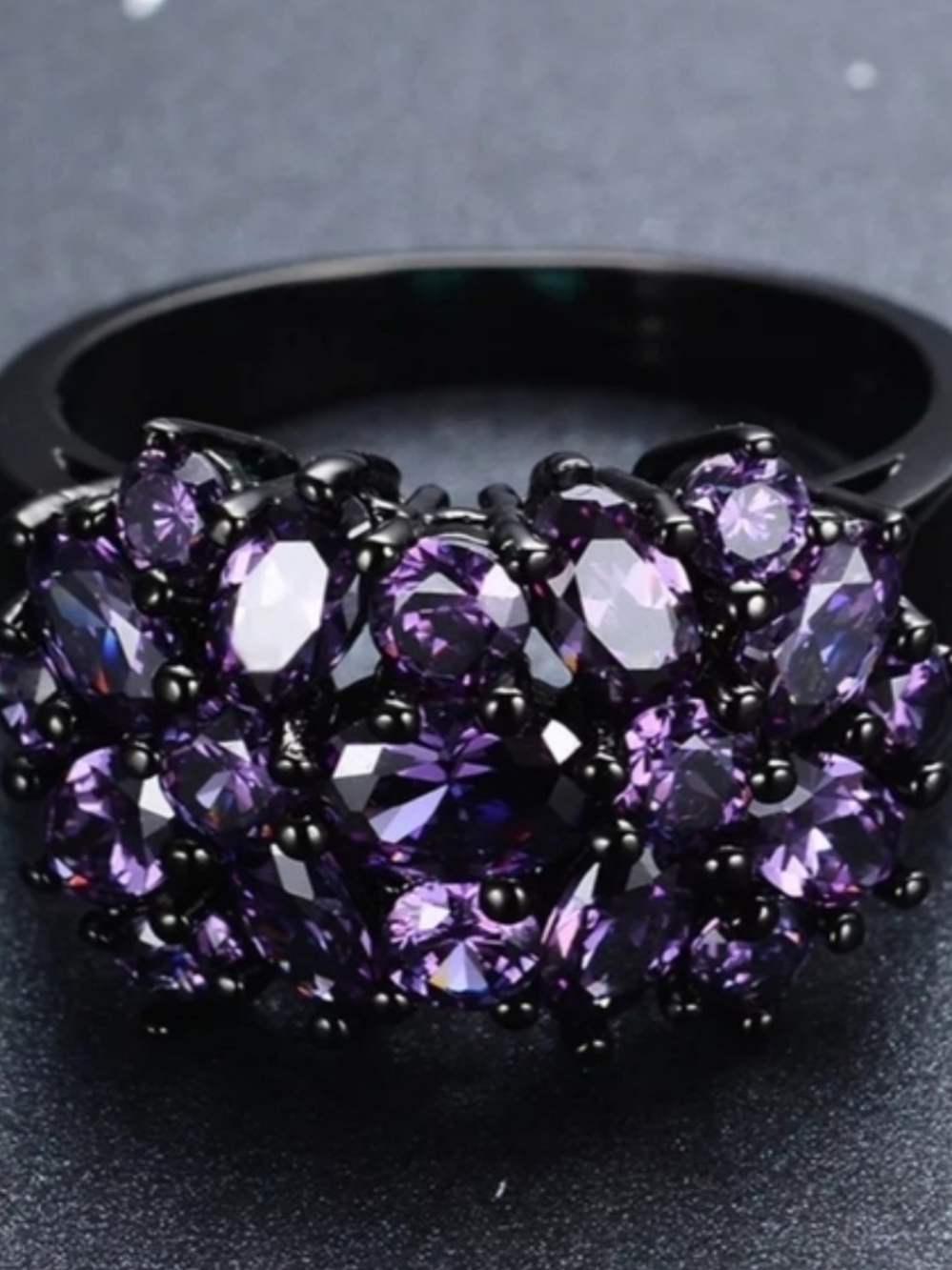 Black Ring with Purple Crystal Cluster - Women's Fashion Ring
